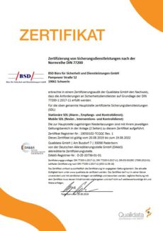 zertifiziert nach DIN 77200-1:2022-10 (Anforderungen an Sicherheitsdienstleister)